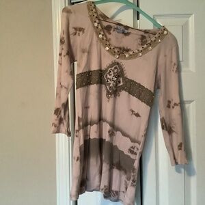 Studio212 medium light pink, army green, boho style top with bead & shell accent